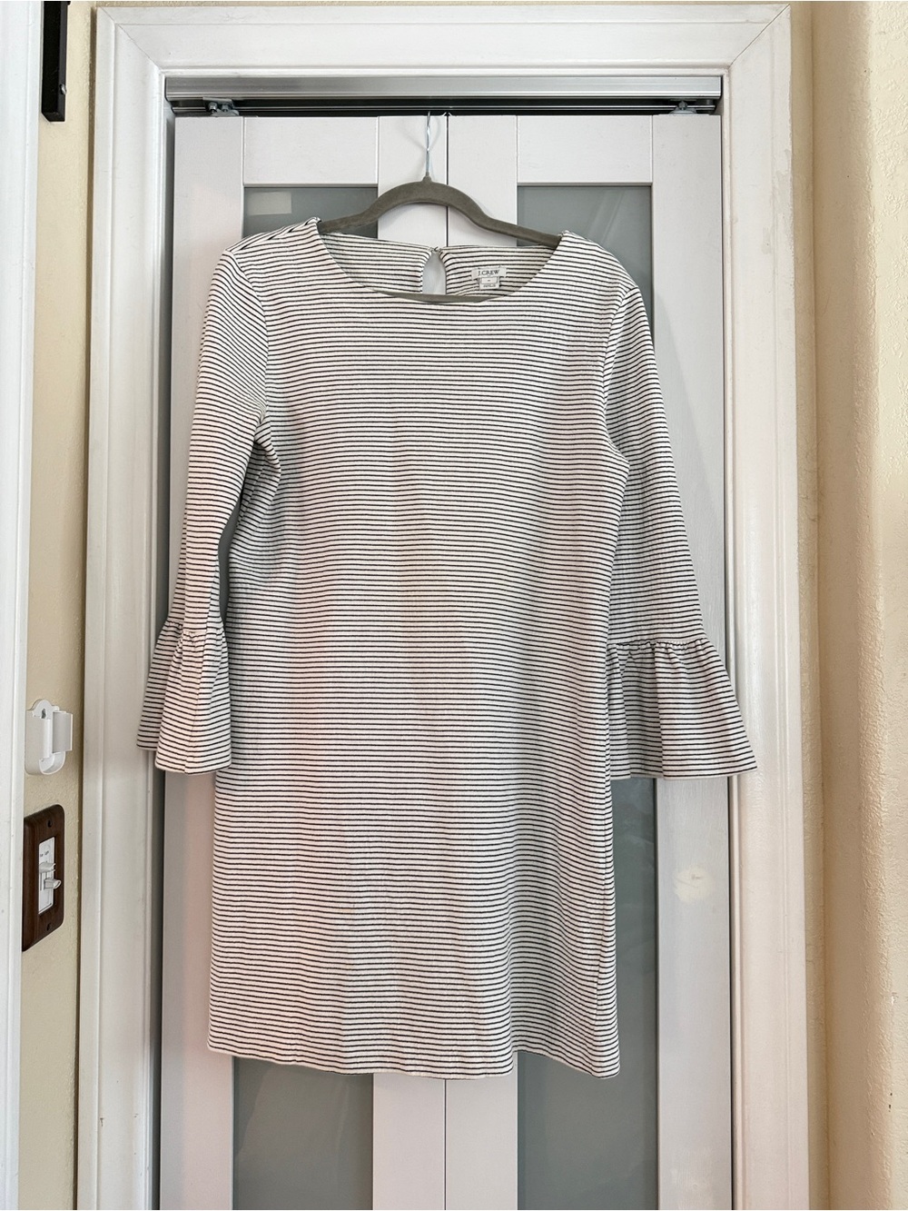 J.Crew Striped Ruffle Bell Sleeve Shift Dress Black Ivory Medium